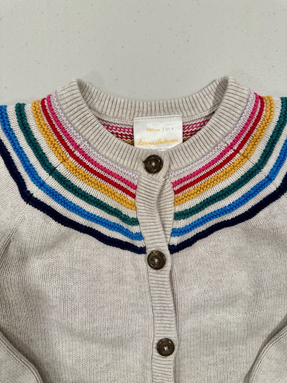 Hanna Andersson Girls Oatmeal Cardigan with Rainbow Embroidery Around the Collar - Picture 2 of 3